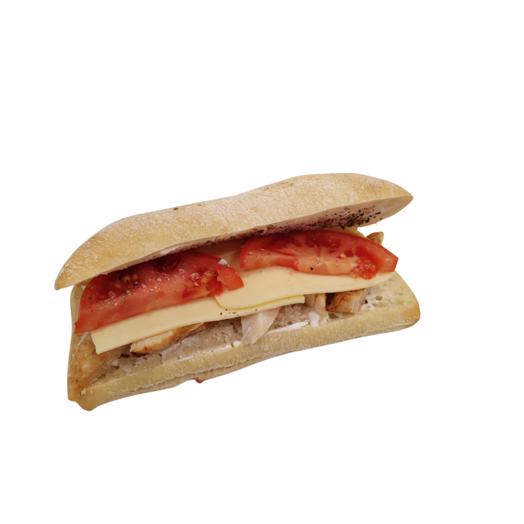 Ciabatta filled with yogurt-marinated chicken.