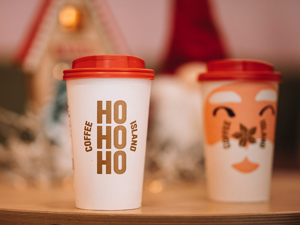 Coffee Island's HOHOHO and Santa Christmas cups